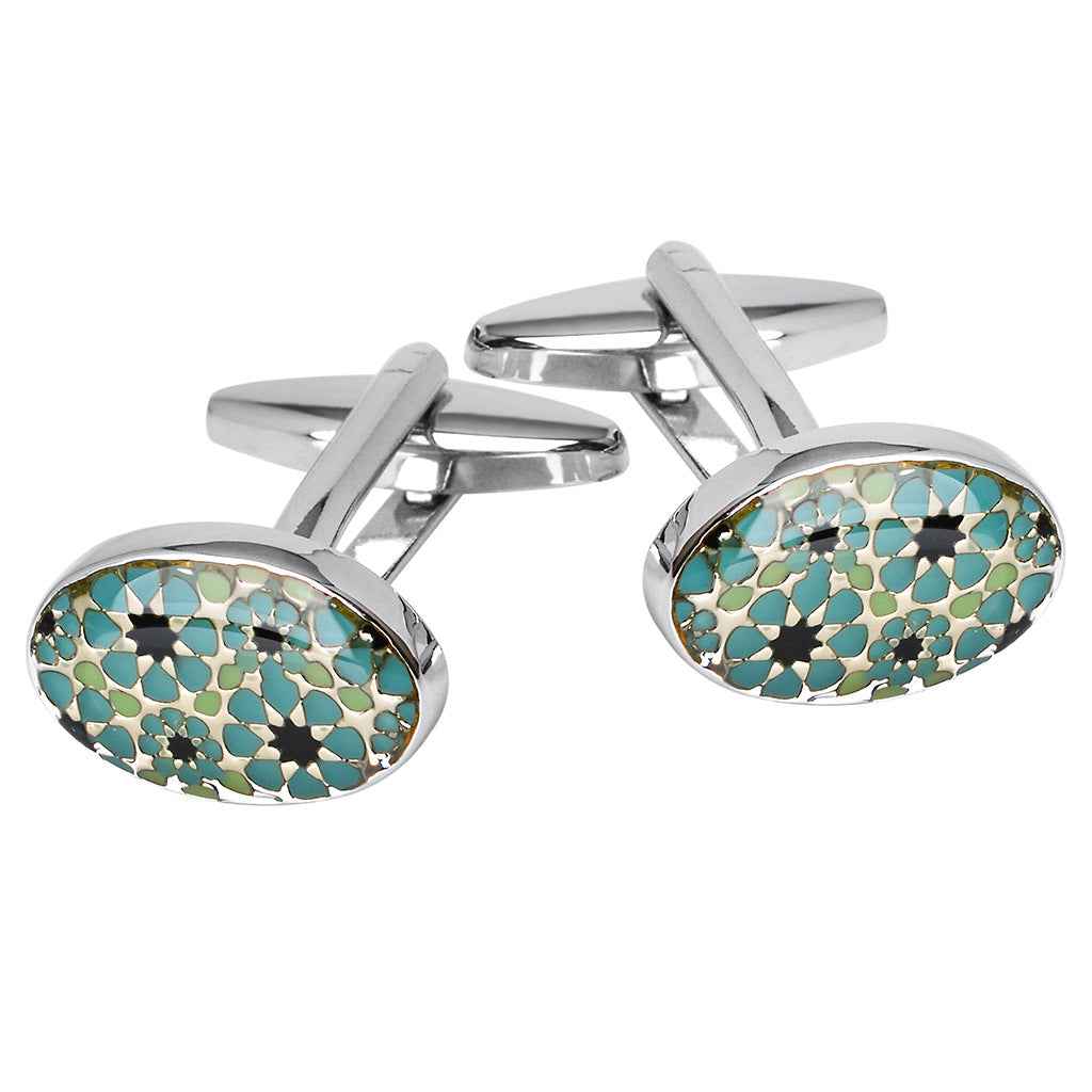 Oval blue and black mosaic cufflinks with silver-tone French backs