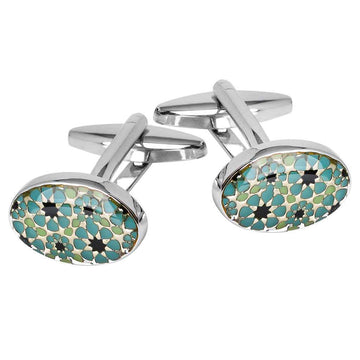 Oval blue and black mosaic cufflinks with silver-tone French backs