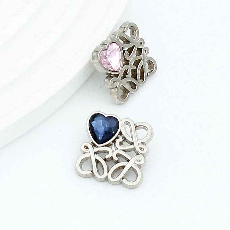 Silver square filigree button with pink heart glass and loop shank