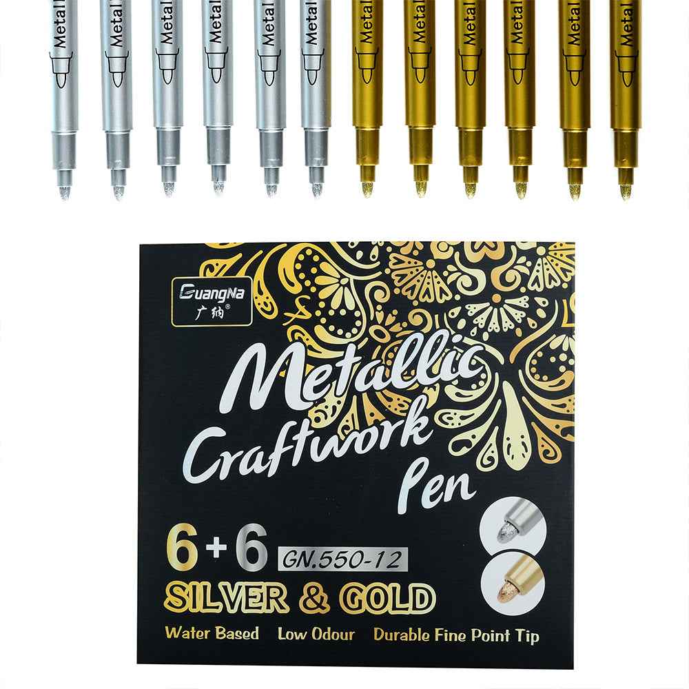GUANGNA Gold Silver Metallic Permanent Marker Pens 12 Pack 6 Gold 6 Silver