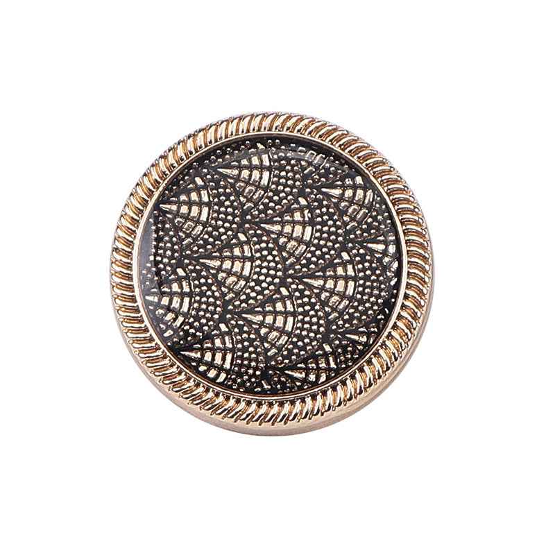 3/4 in fish-scale enamel shank button, gold rim, black patterned face