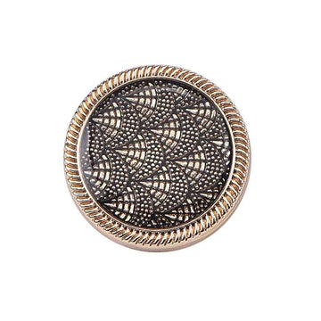 3/4 in fish-scale enamel shank button, gold rim, black patterned face