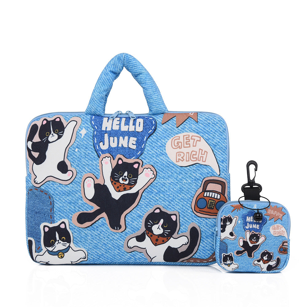 Blue Cat-Themed Laptop Sleeve 14 inch 2-Piece Set