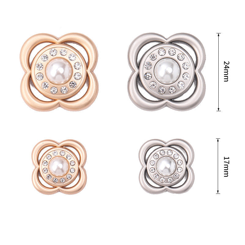 Flower Pearl & Rhinestone Shank Buttons, gold and silver; scalloped flower with rhinestone ring