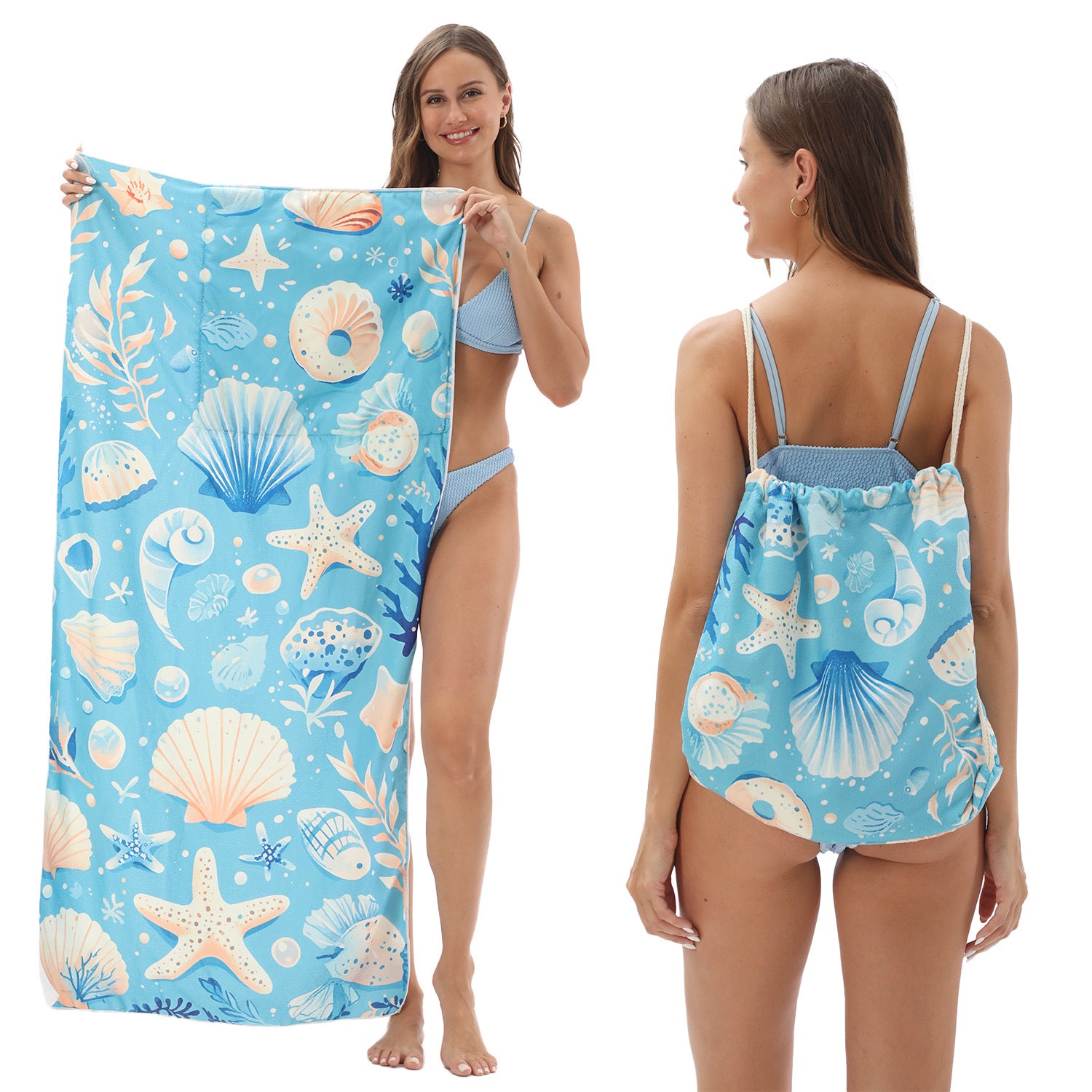 2-in-1 Foldable Printed Beach Towel Built-In Storage Bag