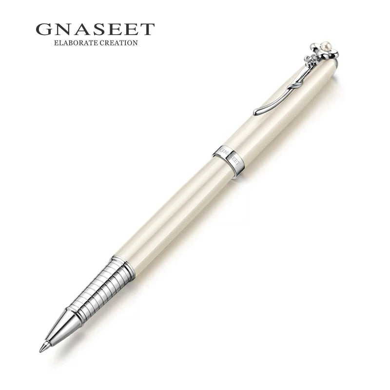GNASEET Metal Rollerball Pen Gift Set for Women – Gold & White Barrel | Heart / Clover / Butterfly / Rose Clip White Clover