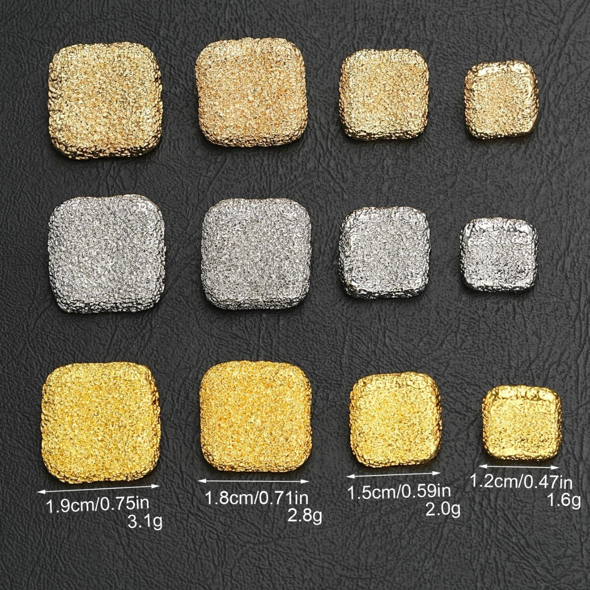 Square textured metal shank buttons in gold and silver with size markings
