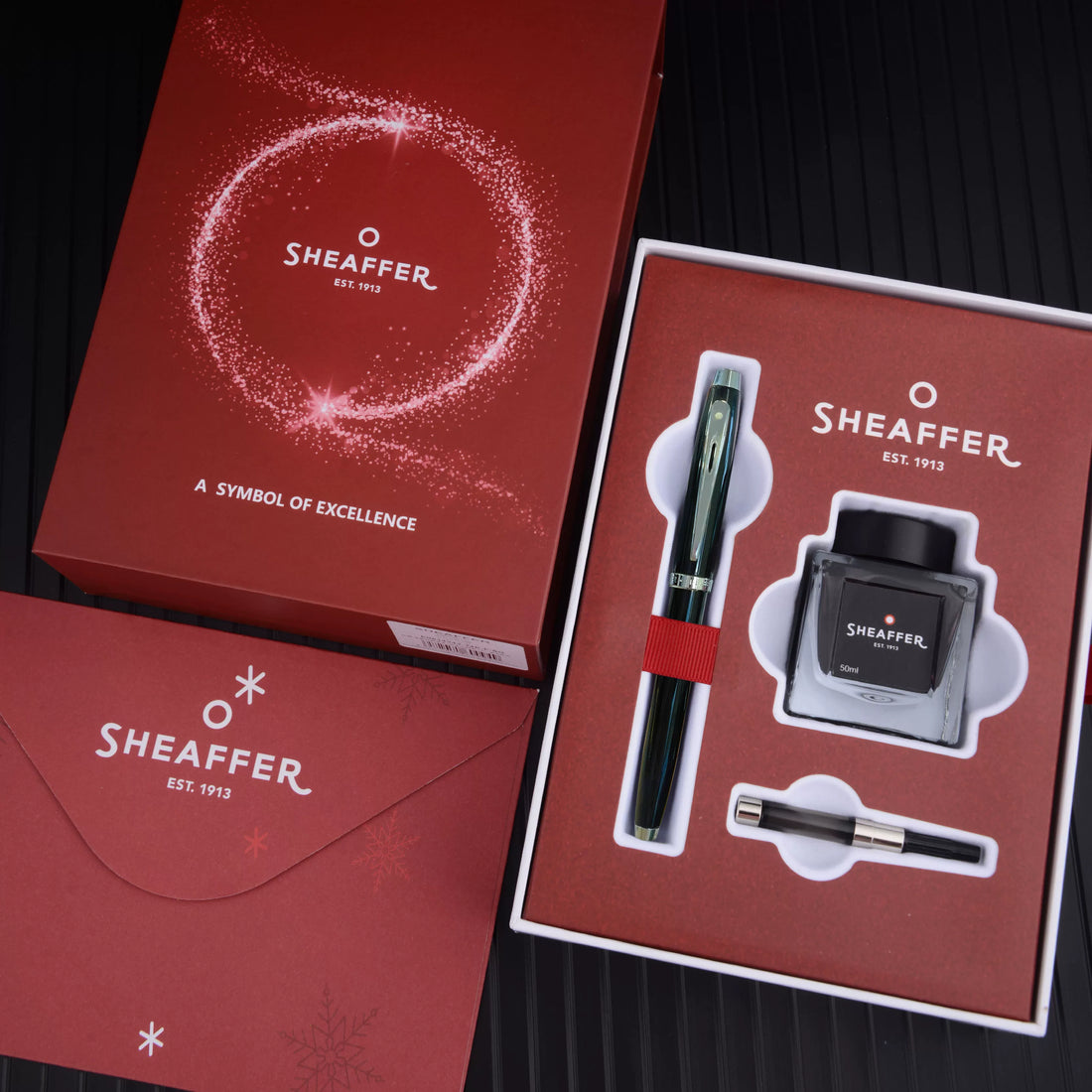 Sheaffer 100 Fountain Pen Gift Set – Fine Nib (~0.5mm), White Clip, Converter & Ink Included | All-Steel / Black Lacquer / Blue Lacquer All Steel