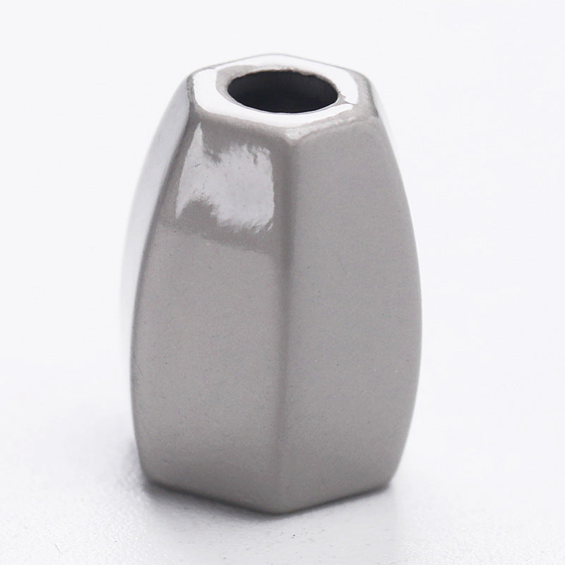 Silver diamond-shaped metal cord lock stopper, top opening view, smooth faceted design