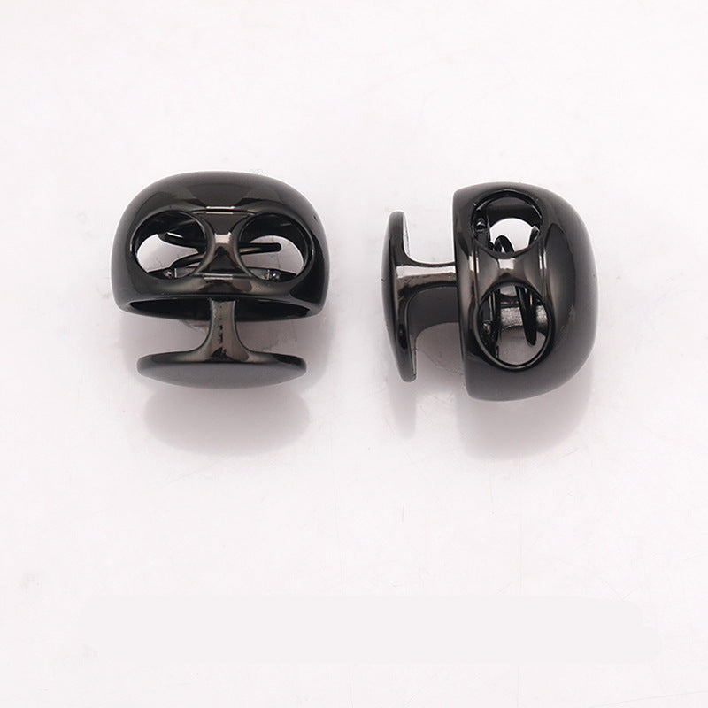 Gunmetal ball-shaped metal spring toggle stopper, front and side views of spring clip