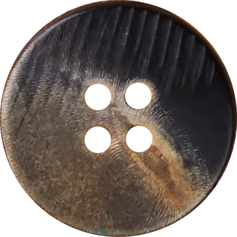 Black 4-hole flat horn-look button with scorched, swirled texture