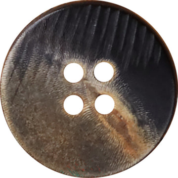Black 4-hole flat horn-look button with scorched, swirled texture