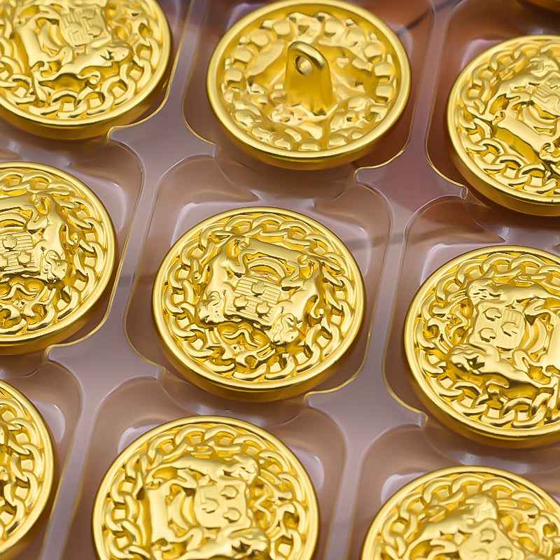 Gold metal lion crest buttons in pack, ornate border design, multiple sizes 15–25mm