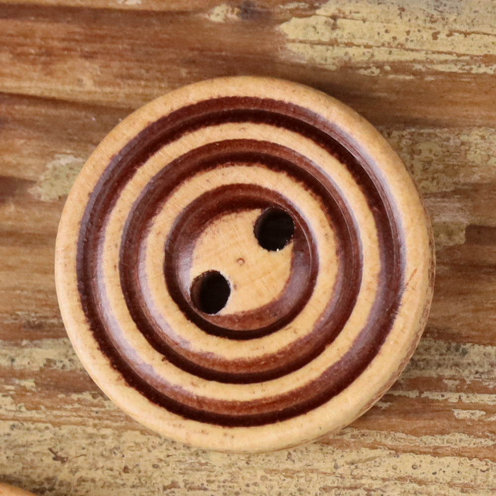 Round 2-hole wood button with dark brown double rings, vintage worn look