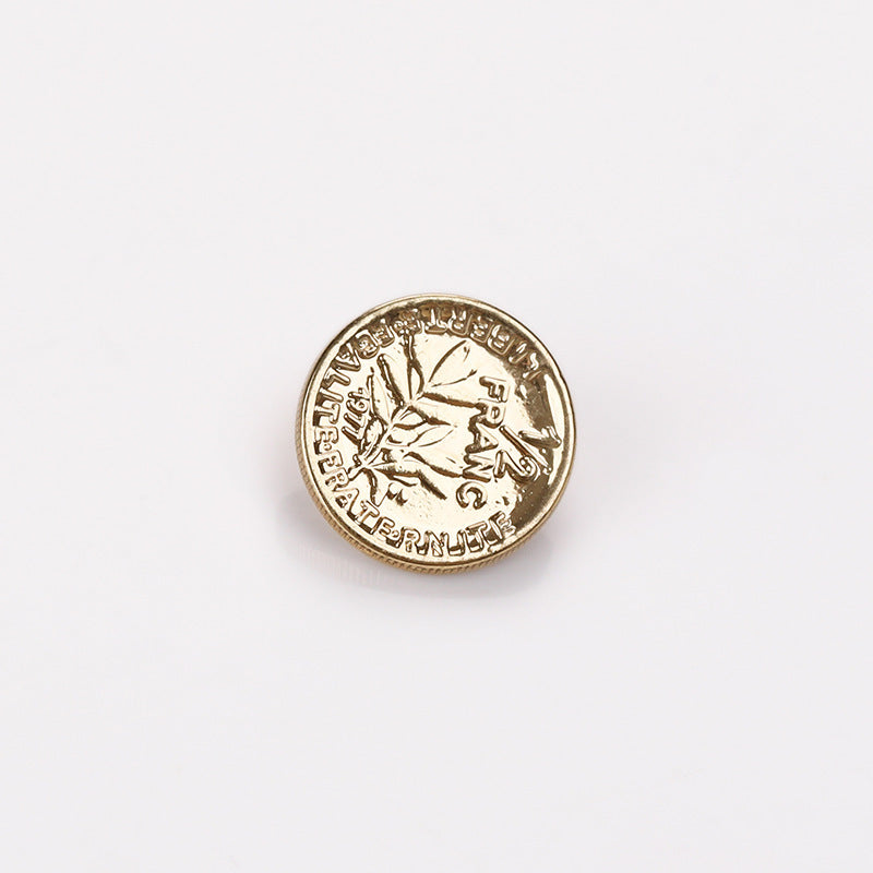 Gold tone coin-style metal shank button, embossed lettering and design, 12mm
