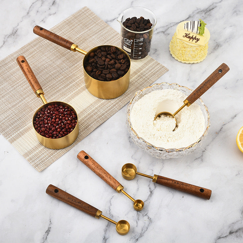 Walnut & Rose Gold Stainless Steel Measuring Cups & Spoons – 8-Piece