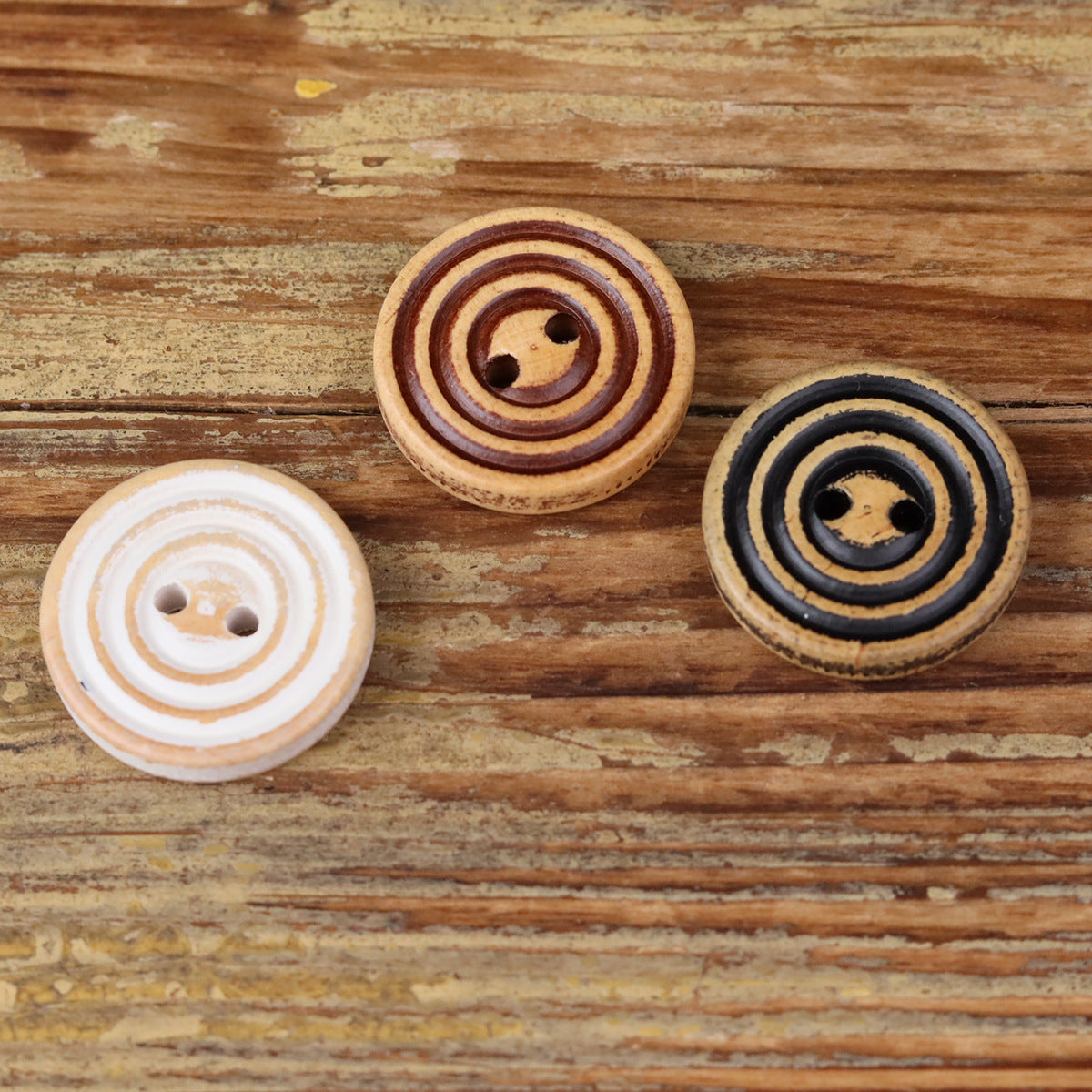 Round 2-hole double-ring wood buttons, white, black, and brown (3 pcs)