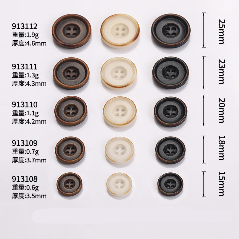 Multiple two-tone 4-hole round sewing buttons in black, coffee brown, and beige