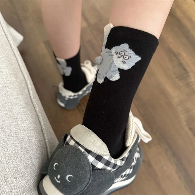 Cartoon Egg Cat Funny Crew Socks | Cute Animal Cotton Mid-Calf Socks for Women | 3-Pack (White/Grey/Black)