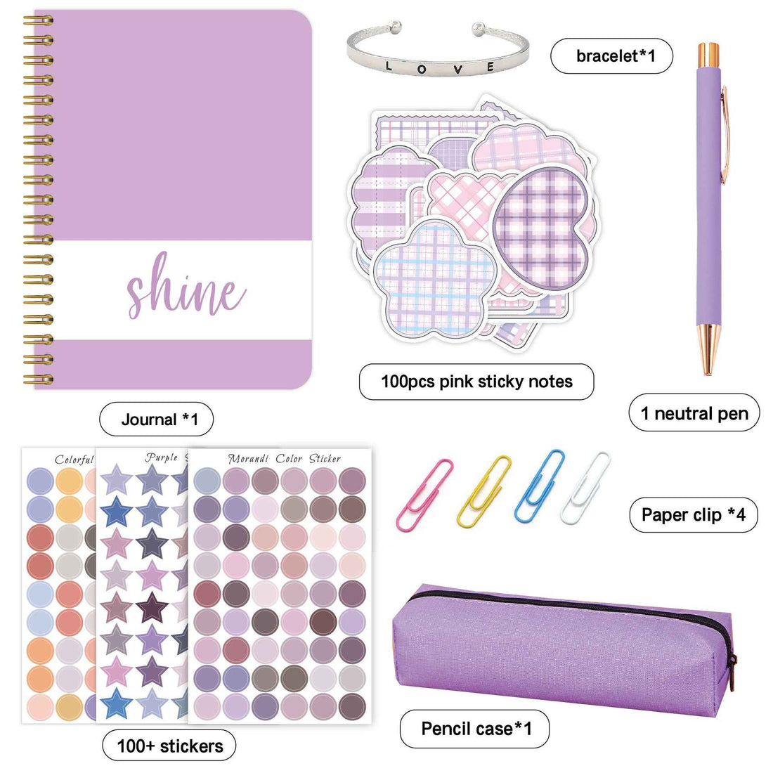 7pcs Shine Diary Notebook Pen Sticker Gift Set for Kids Pink