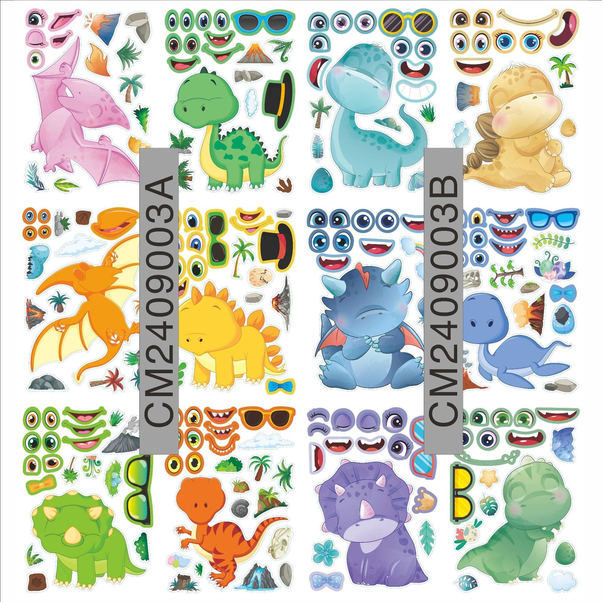 24 Sheets Make a Face Dinosaur Stickers