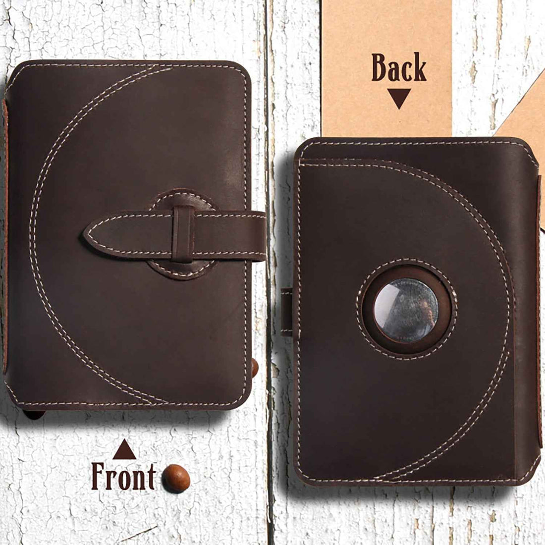 Leather Passport Wallet with AirTag Finger Ring Neck Strap Black