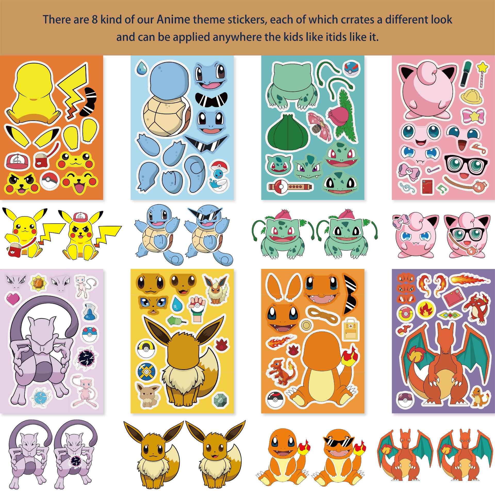 32 Sheets Cartoon Pokemon Make a Face DIY Stickers for Kids