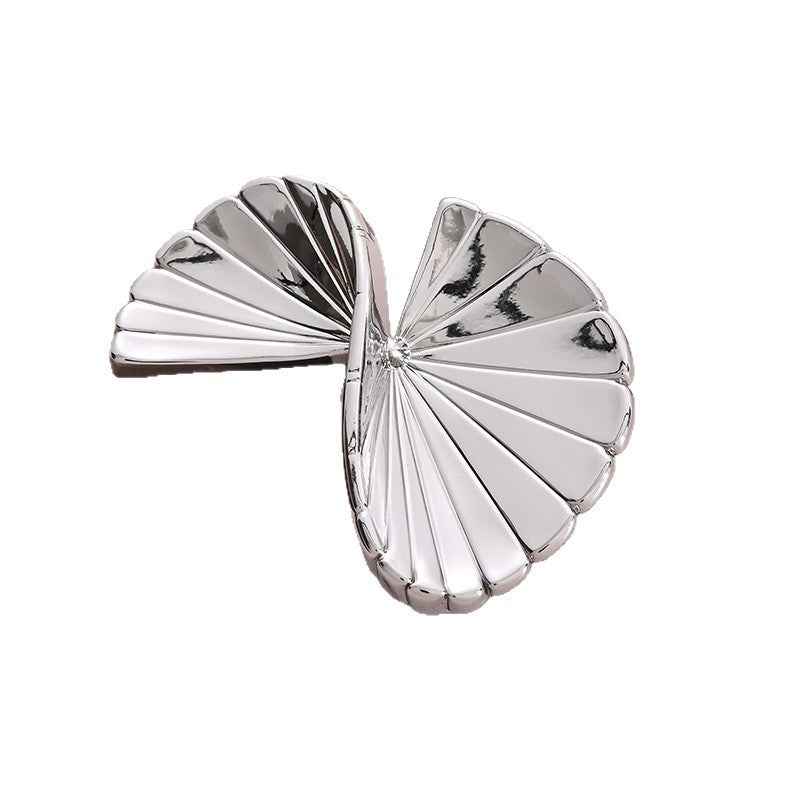 Silver fan-shaped folded metal button, geometric ridges, 20-pack