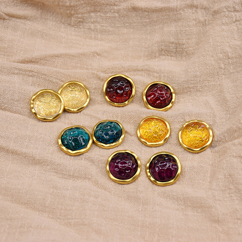 Mixed resin gemstone buttons: teal, bright red, lemon yellow, burgundy, gold rims (12)