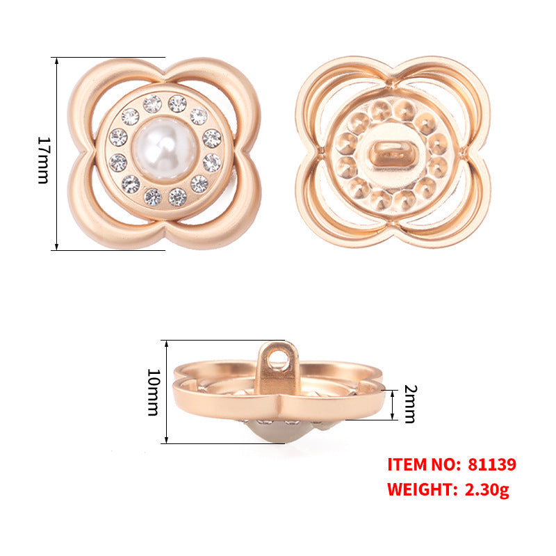 Flower Pearl & Rhinestone Shank Buttons, gold, front/back view; approx 17mm x 10mm