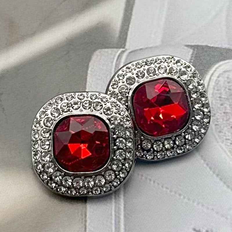 Gem-studded shank buttons with red square-cut faceted gems in silver-tone round settings (2 pcs)