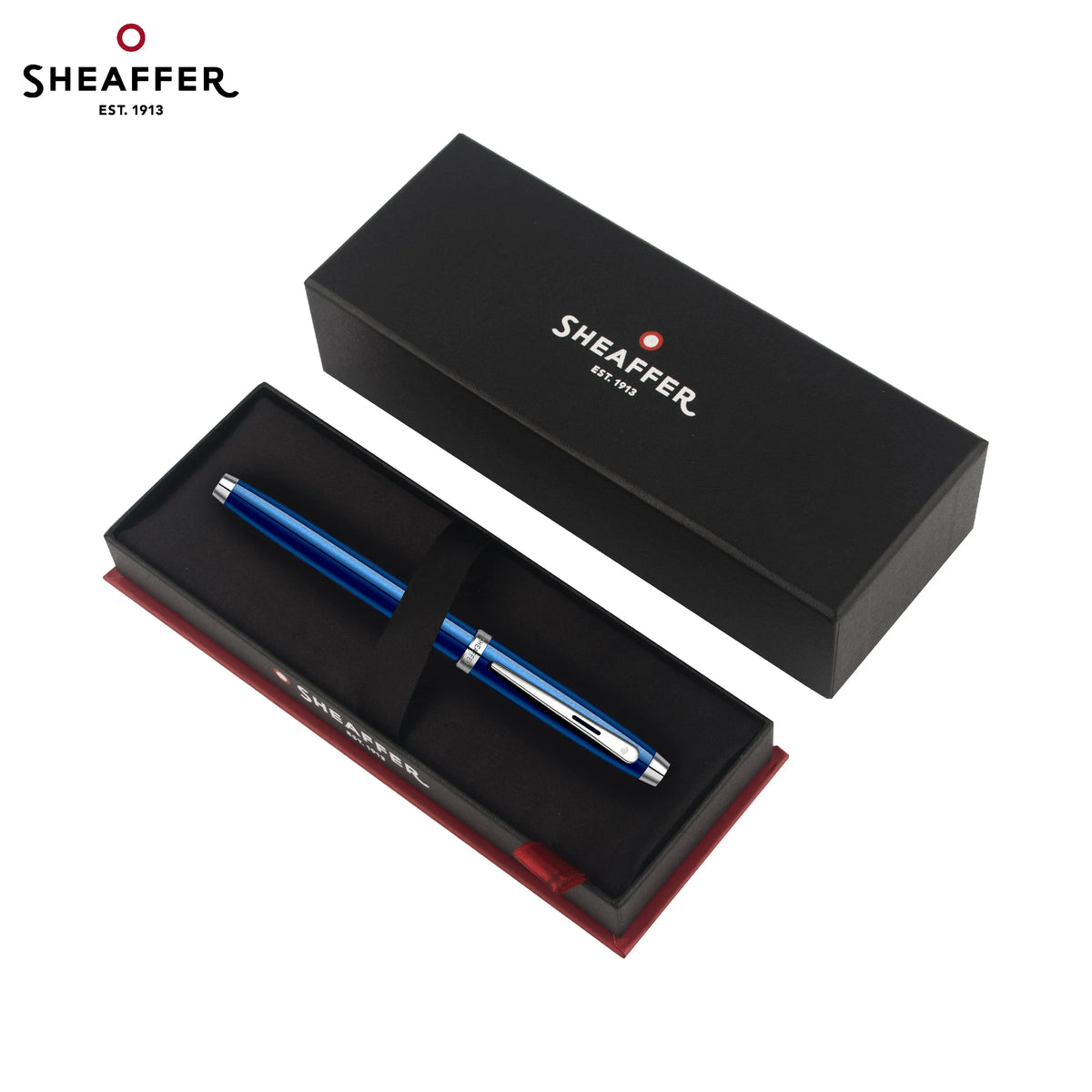 Sheaffer 100 Fountain Pen – Fine Nib (F, ~0.5mm), White Clip, All-Steel / Black Lacquer / Blue Lacquer Blue Lacquer