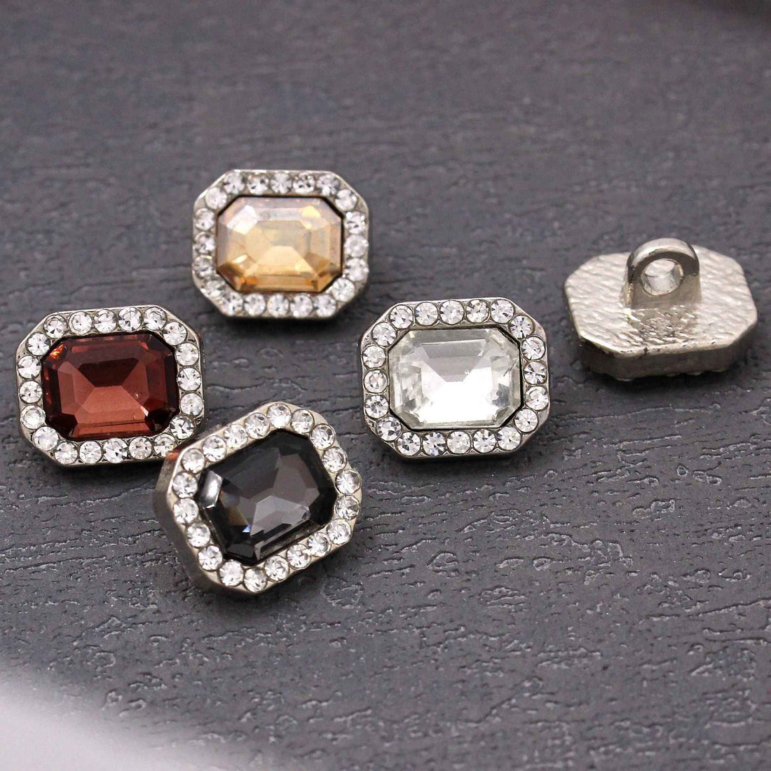 Crystal glass rectangle buttons set of 5, silver-tone frames with colorful stones