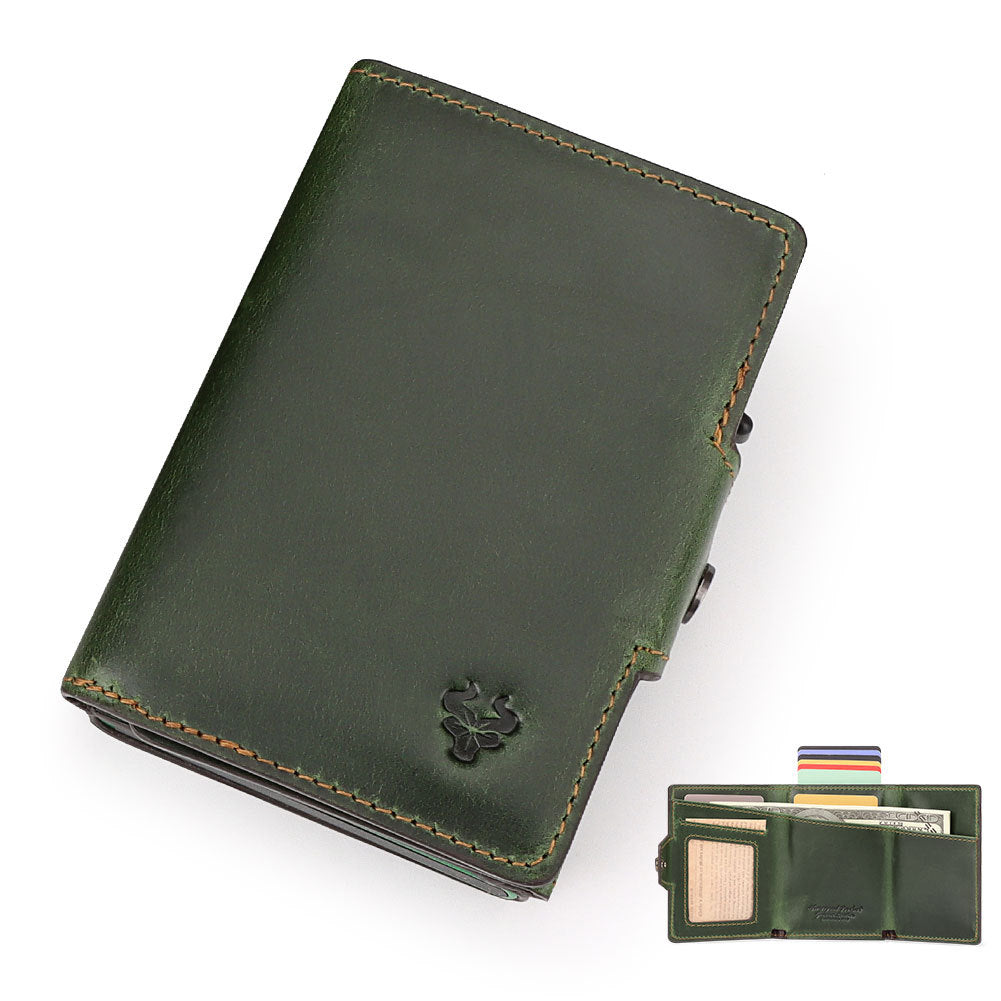 Waxed Leather Wallet Coin Purse,Auto-Eject RFID Metal Card Case Green