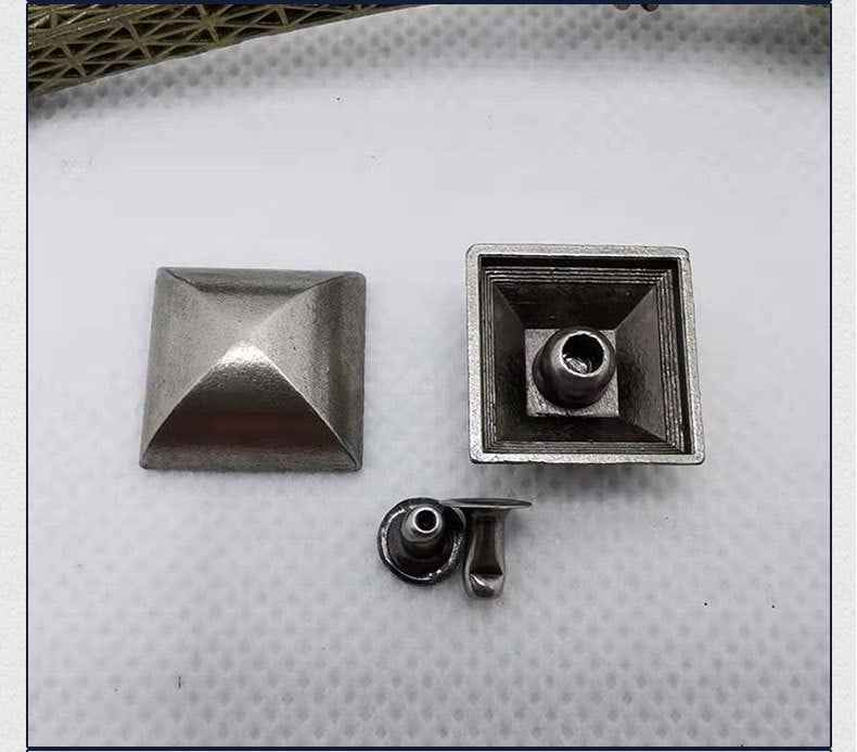 Silver pyramid stud rivets: front cap with peaked pyramid and pronged backing