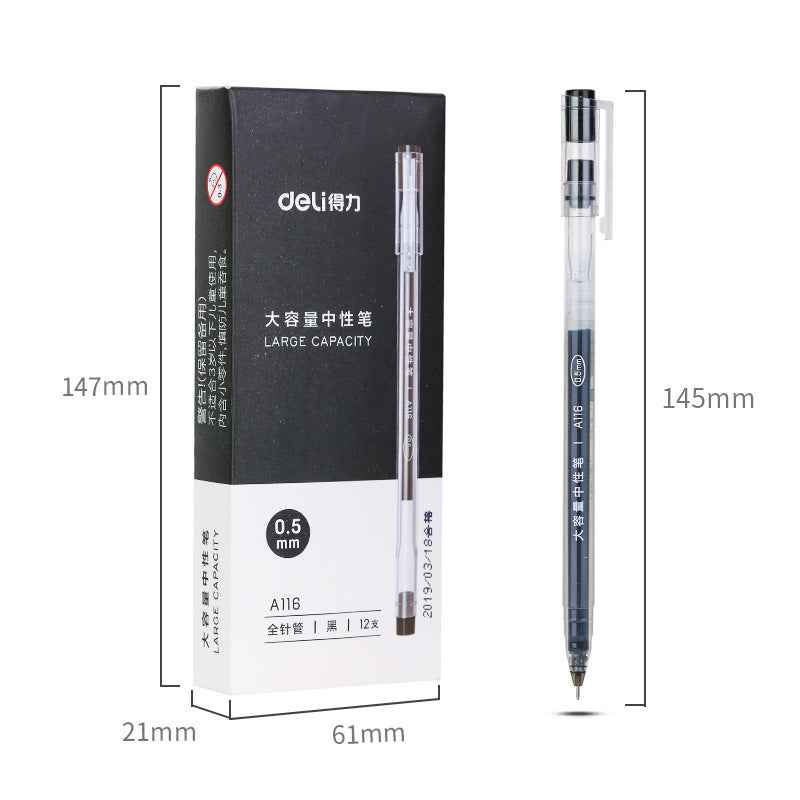 DELI A116 Large Capacity Gel Pen Needle Tip 0.5mm Fine Point 12 Pack Black