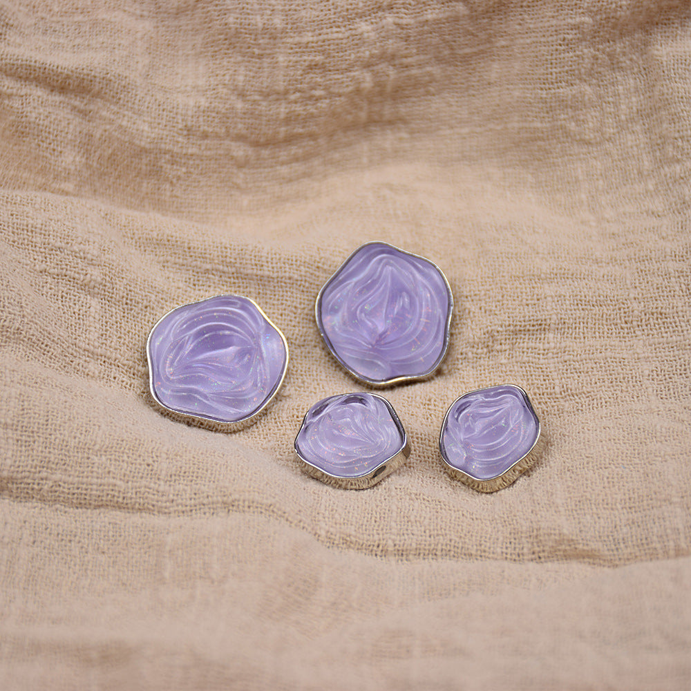 Transparent floral resin buttons, lavender swirled resin with metal edging