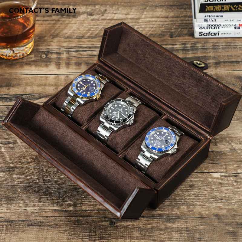 Genuine Vintage Oil Leather Travel 3 Watches Case Organizer