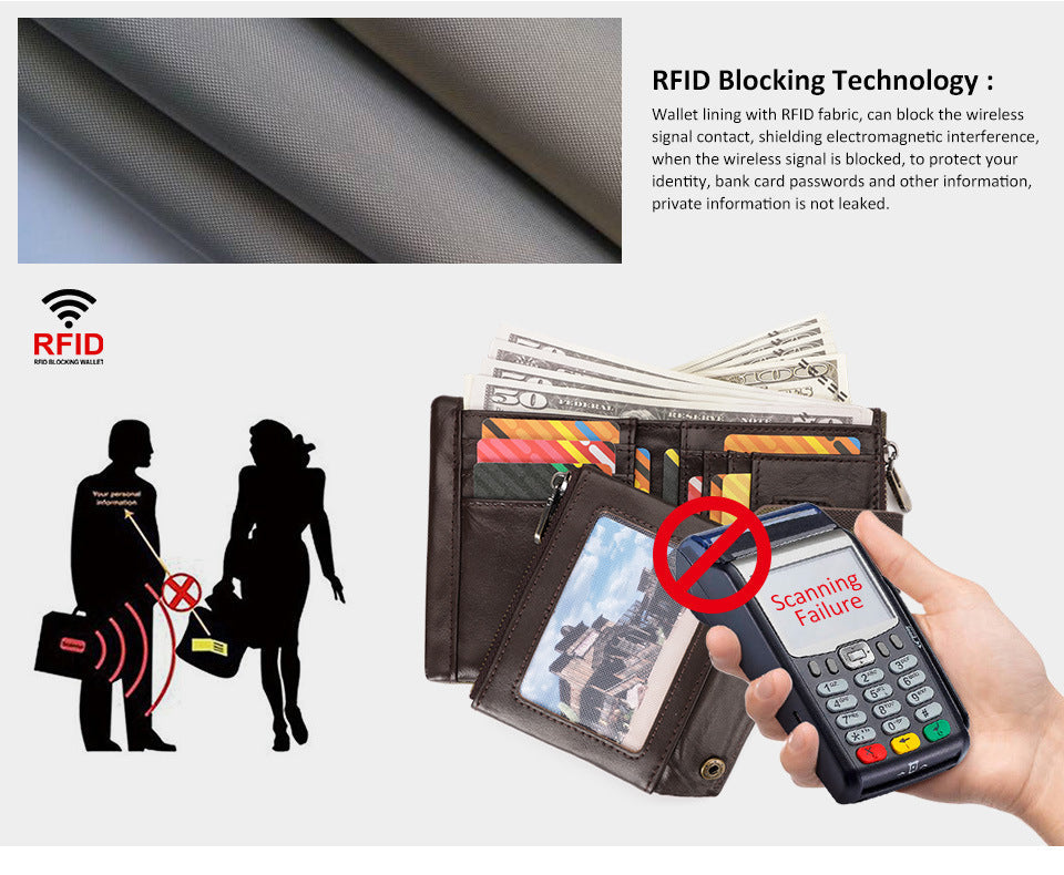 Genuine Leather Short Wallet with RFID Protection Tri-Fold Purse