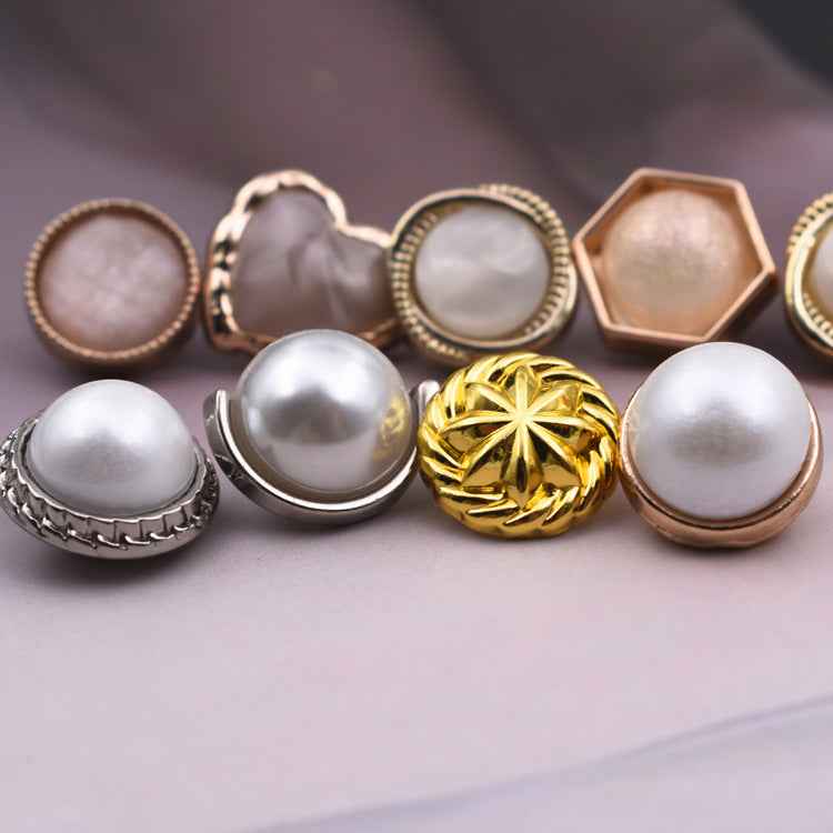 Pearl shirt buttons set, 10mm round discs with silver-tone ornate edges