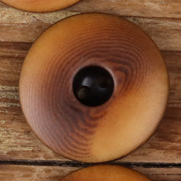 Close-up round two-hole seed button in warm brown with two dark holes