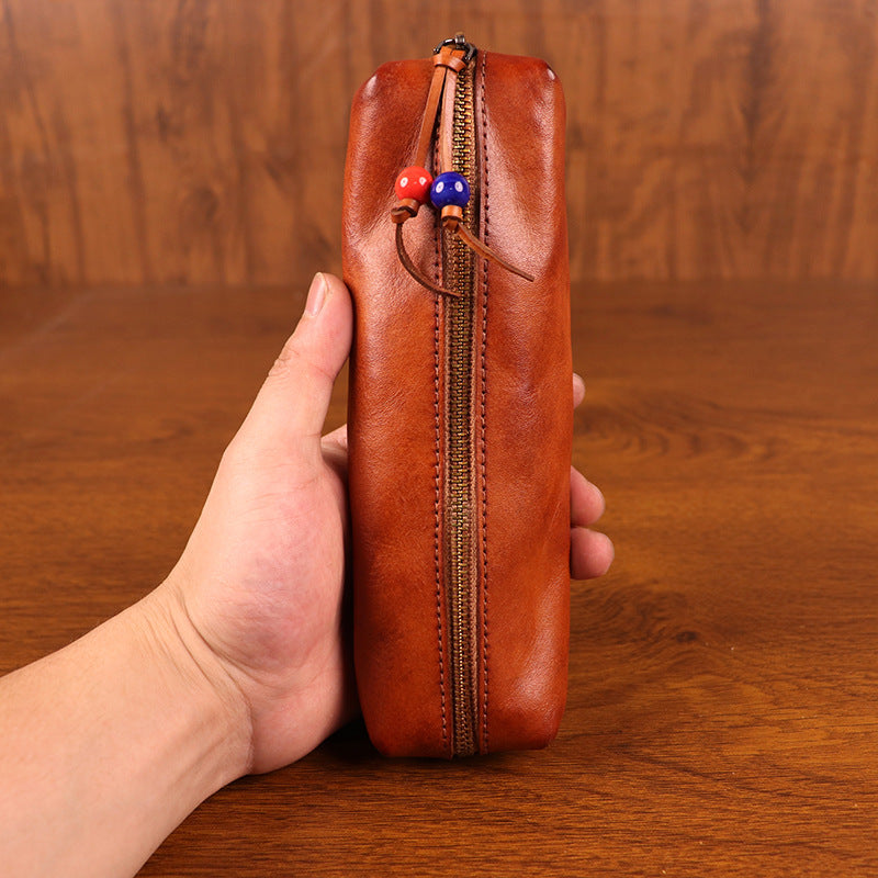 Handmade Vegetable-Tanned Leather Zip Pouch Vintage Distressed Finish
