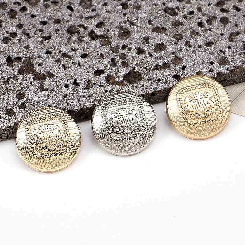 Speckled metal shank buttons set, gold and silver round designs with embossed details