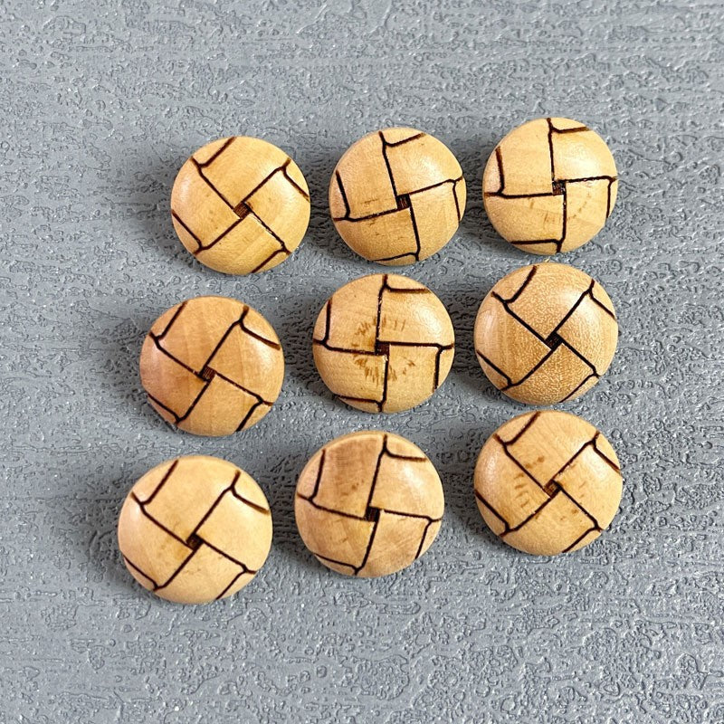 Round natural wood shank buttons set, cross-engraved pattern, 50 pack