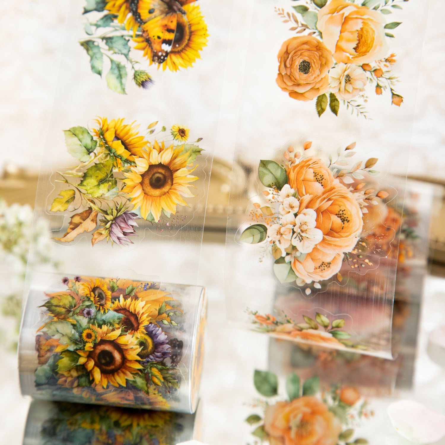 8PCS Sunflower & Rose Floral PET Washi Tape Set for Journaling DIY