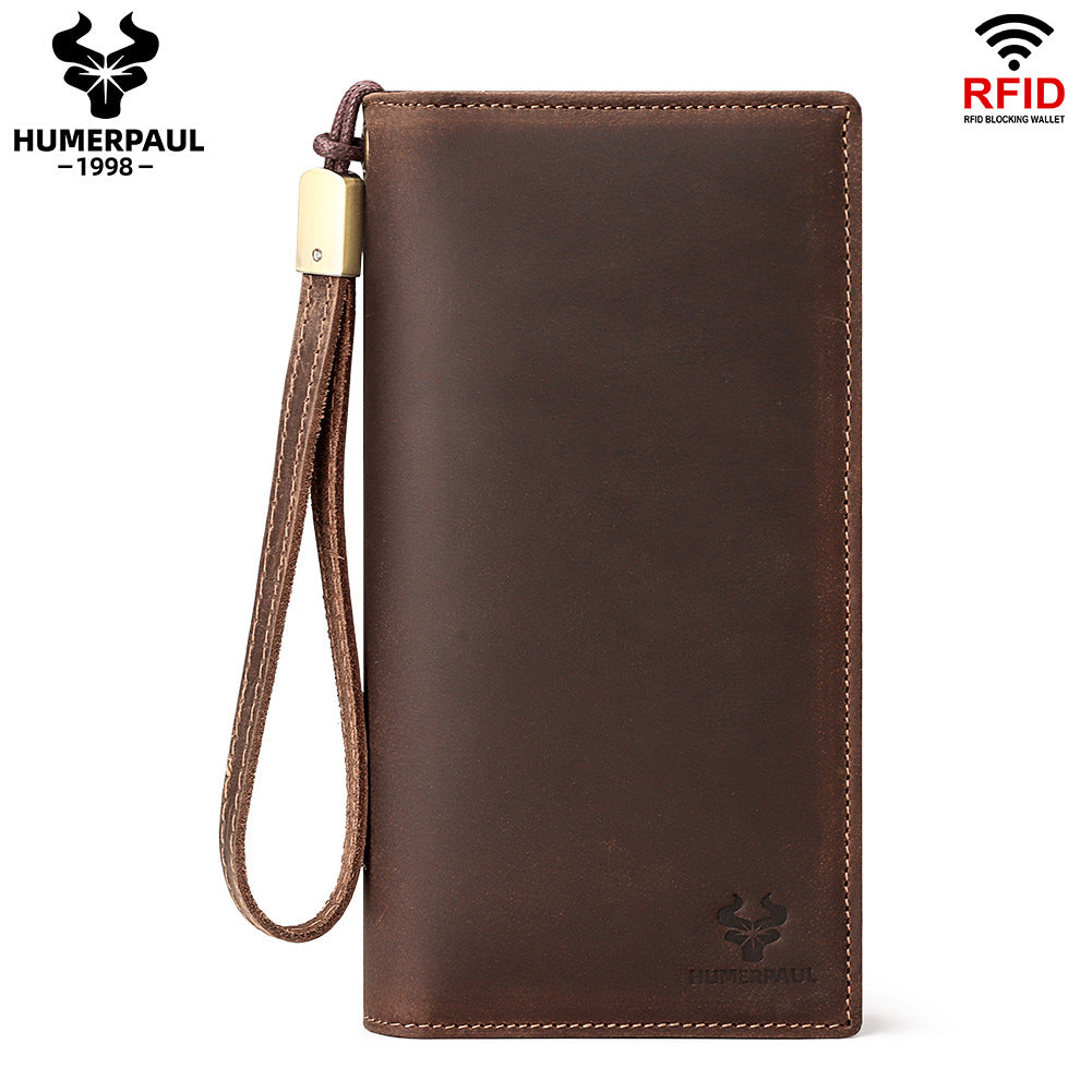 Men's Top Grain Leather Long RFID Blocking Wallet Coffee