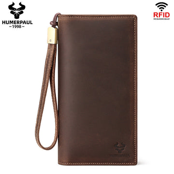 Men's Top Grain Leather Long RFID Blocking Wallet Coffee