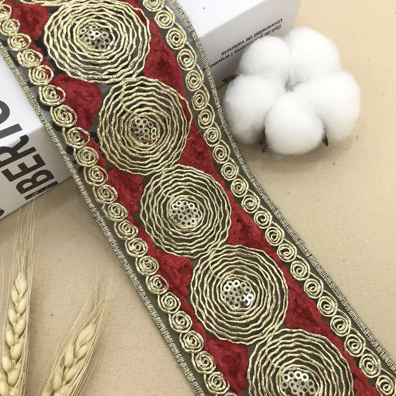 Wine red lace trim with circular embroidery and spiral border, 6.5 cm wide