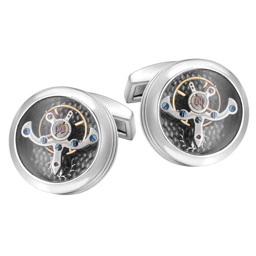 Luxury tourbillon movement cufflinks in gold tone, round gear design