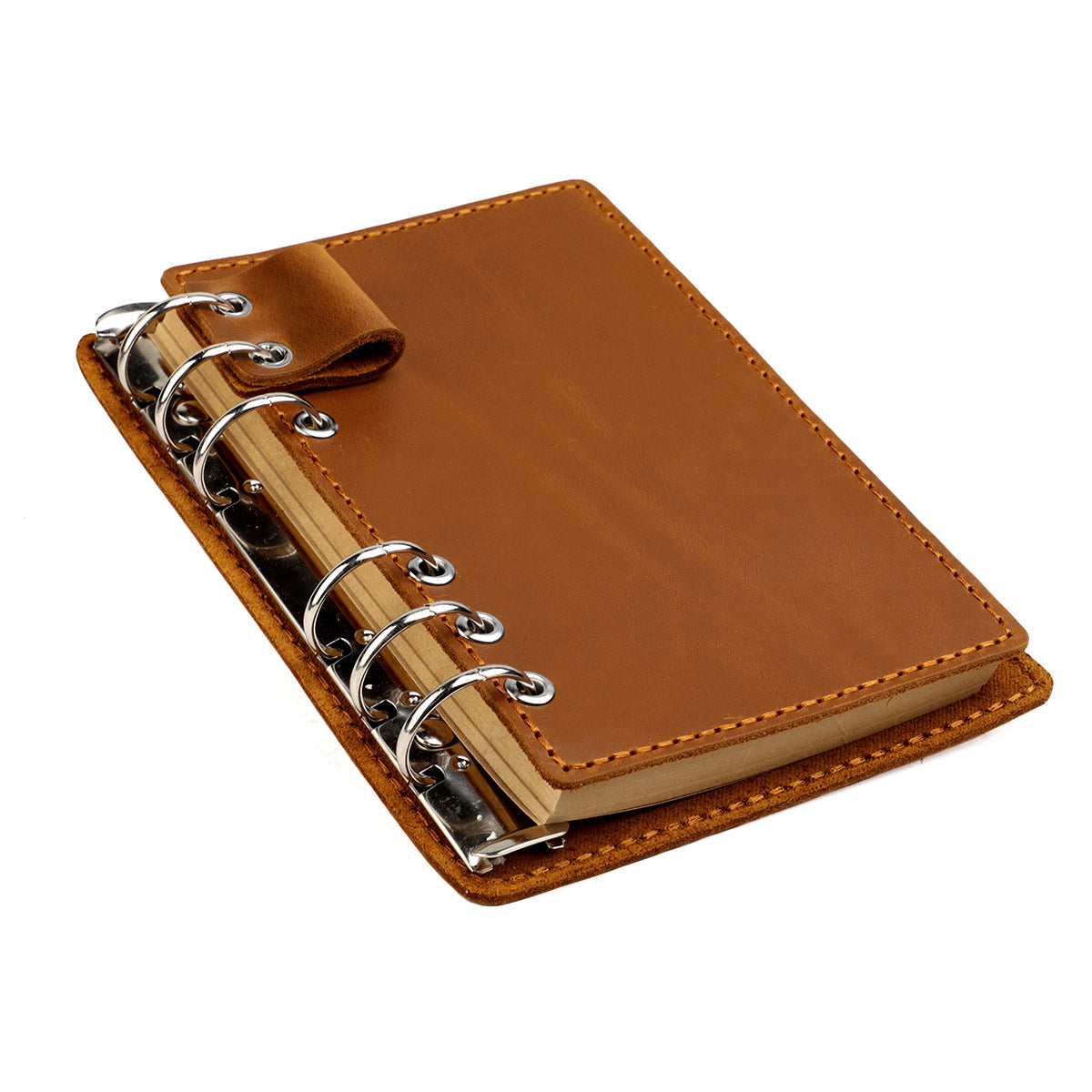 A6 Vintage Genuine Leather 6-Ring Binder Notebook with Pen Loop Brown